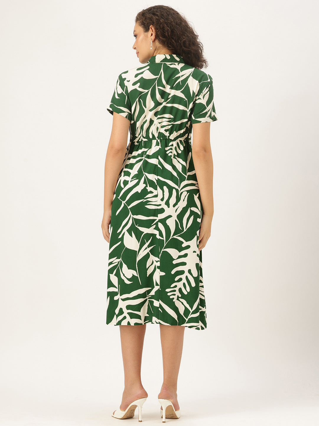 Green & White Leaf Printed Midi Dress