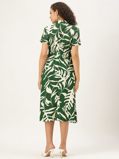 Green & White Leaf Printed Midi Dress
