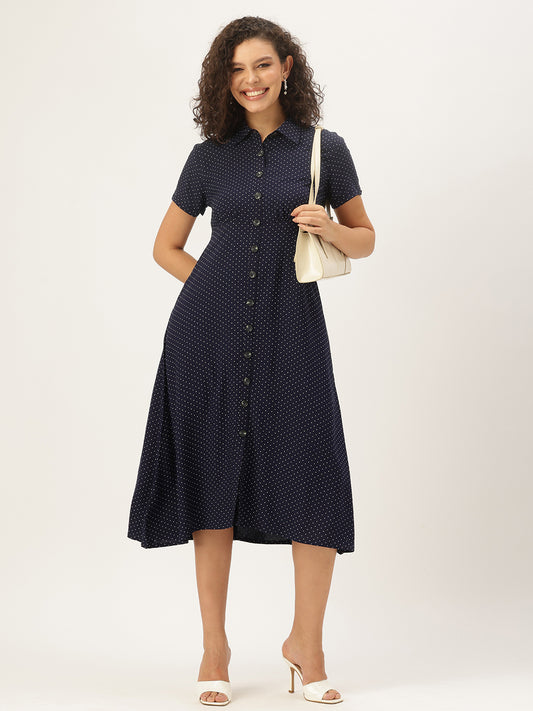 Nay Blue Polka Dot Printed Midi Dress