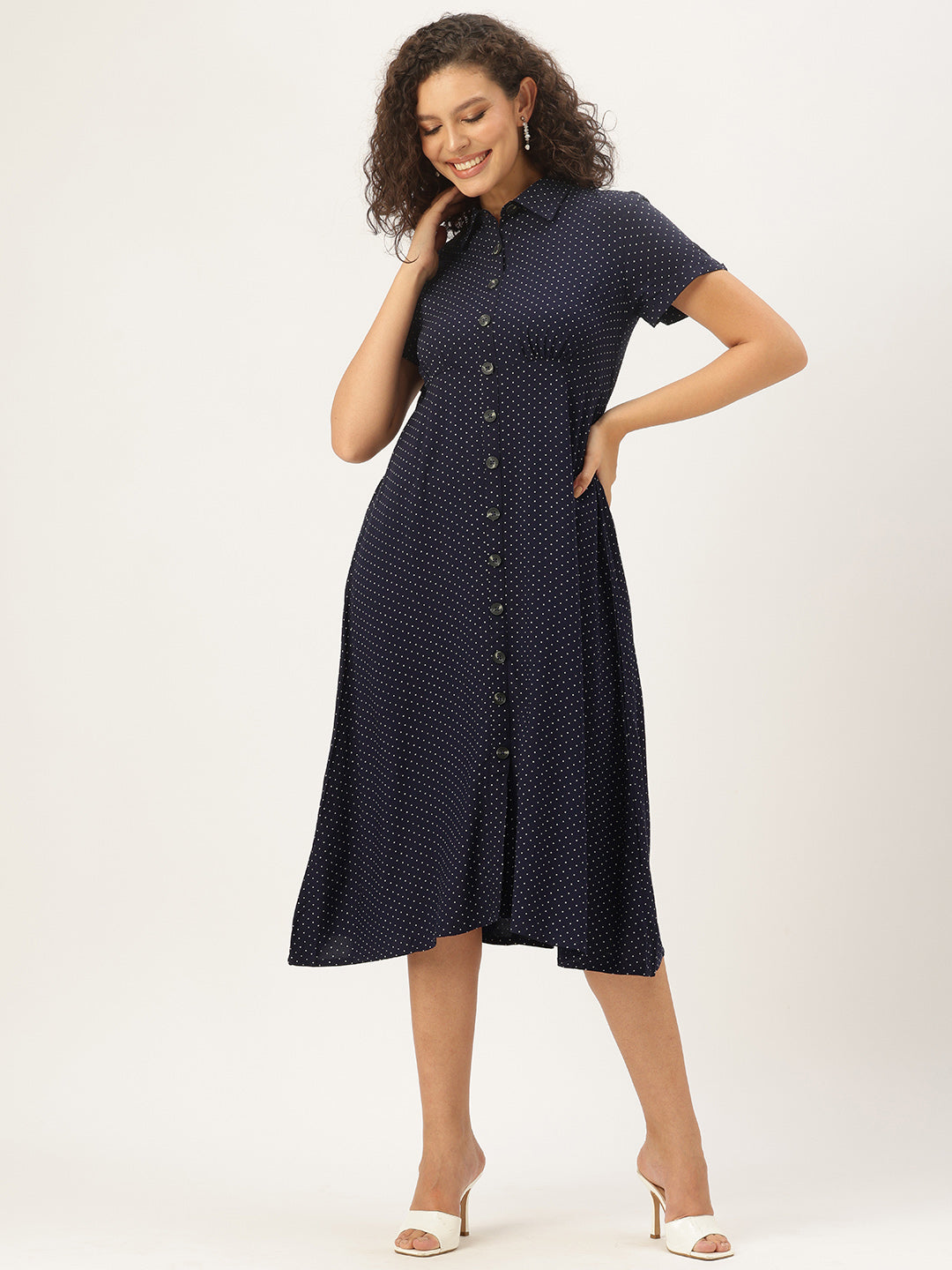 Nay Blue Polka Dot Printed Midi Dress