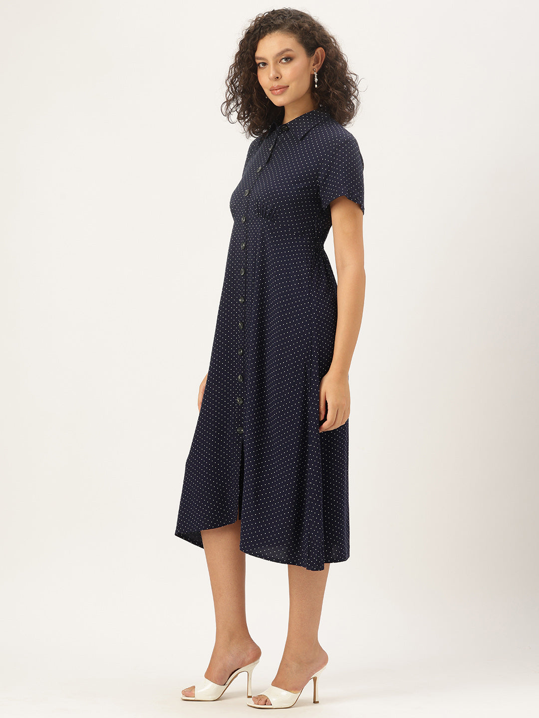 Nay Blue Polka Dot Printed Midi Dress