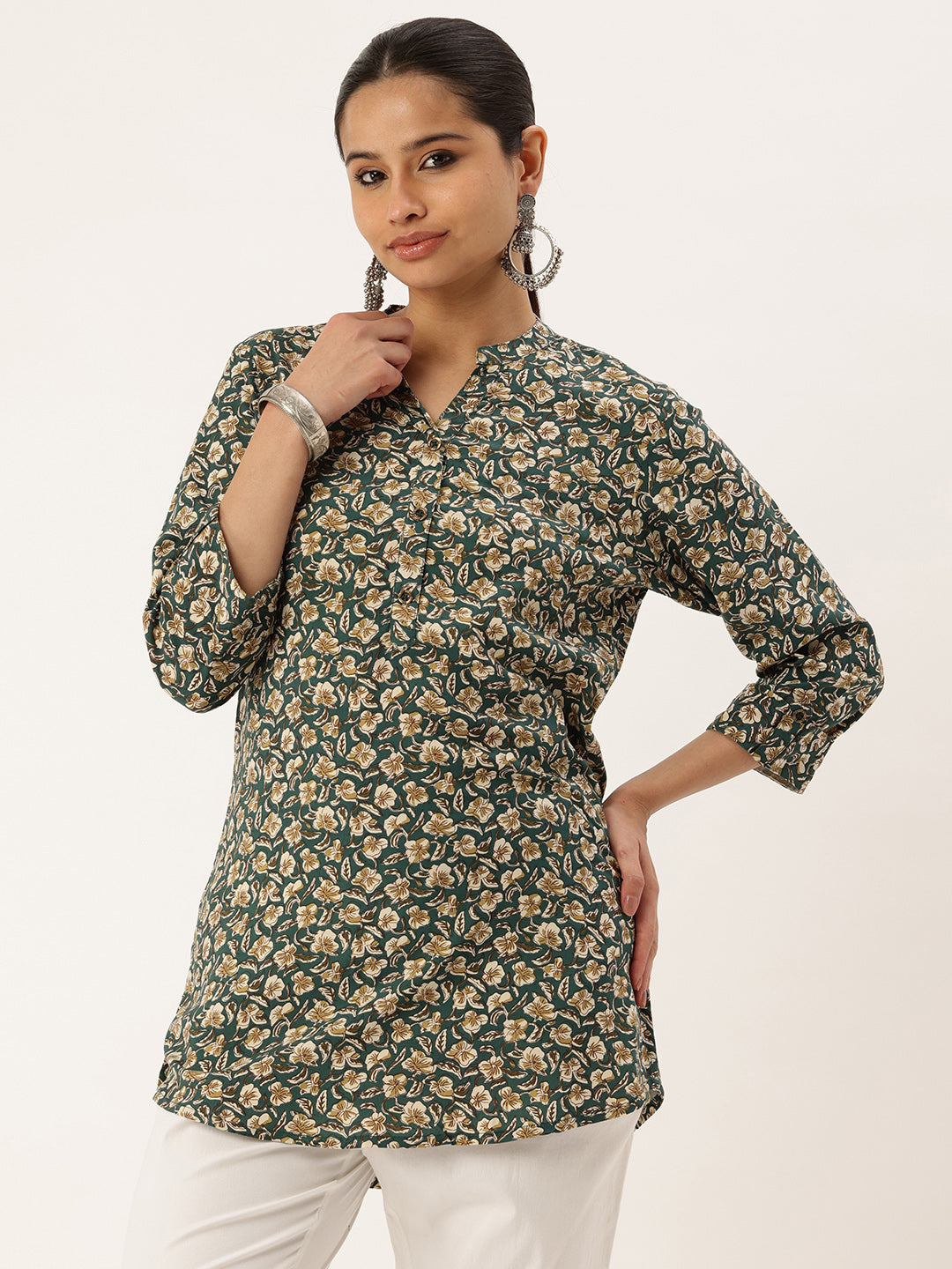 Teal Blue Floral Printed Mandarin Collar Tunic, Floral Printed Tunic, printed tunic, mandarin collar Tunic, casual wear Tunic, women’s tunic, Office Wear Tunic