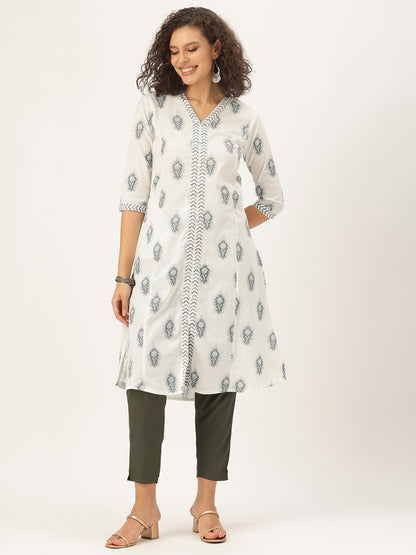 Blue Cotton Linen Ethnic Motifs Printed A-Line Kurta