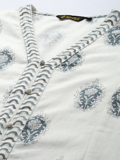 Blue Cotton Linen Ethnic Motifs Printed A-Line Kurta
