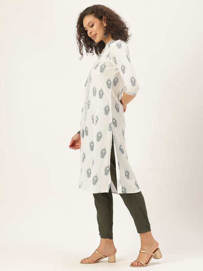 Blue Cotton Linen Ethnic Motifs Printed A-Line Kurta