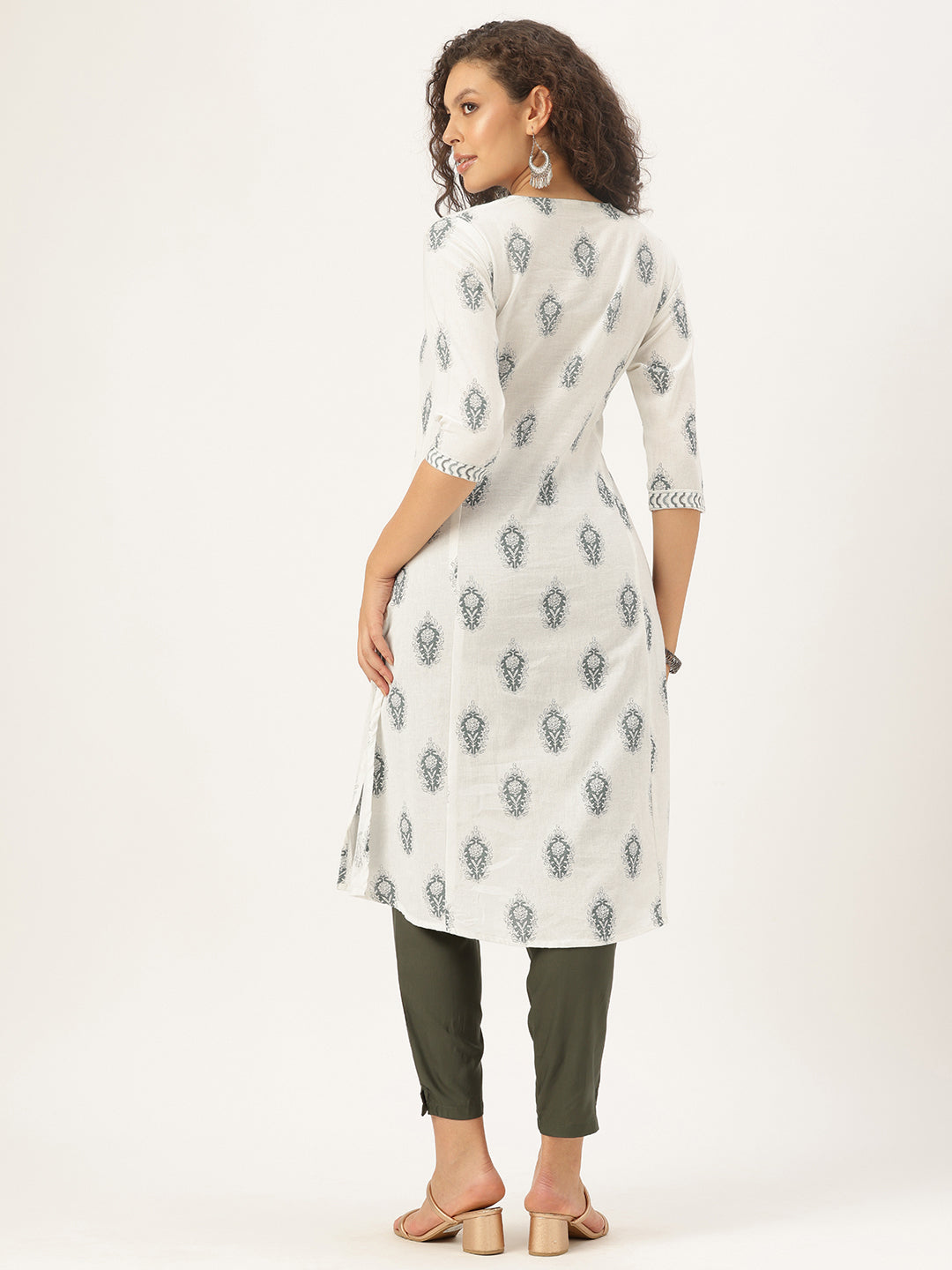 Blue Cotton Linen Ethnic Motifs Printed A-Line Kurta