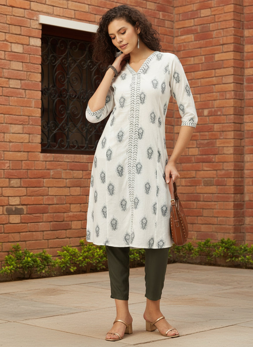 Blue Cotton Linen Ethnic Motifs Printed A-Line Kurta