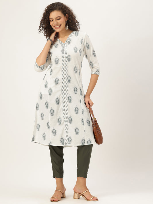 Blue Cotton Linen Ethnic Motifs Printed A-Line Kurta