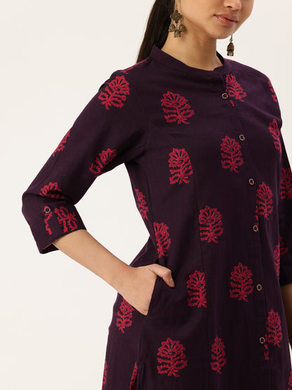 Wine Floral Printed Mandarin Collar Cotton Linen A-Line Kurta
