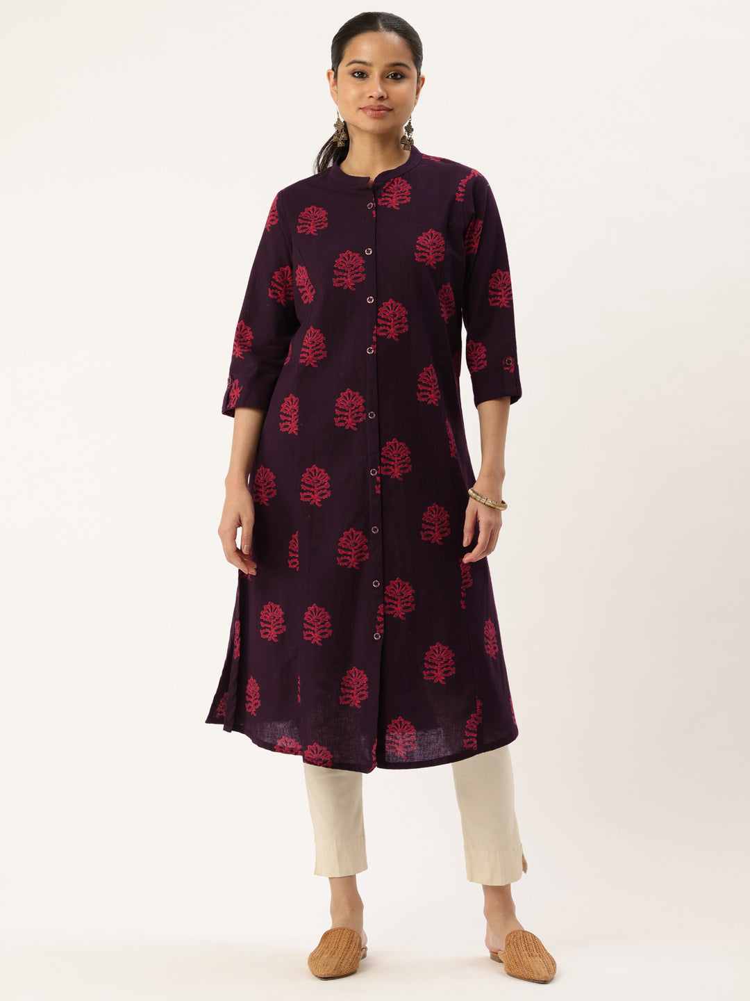 Wine Floral Printed Mandarin Collar Cotton Linen A-Line Kurta