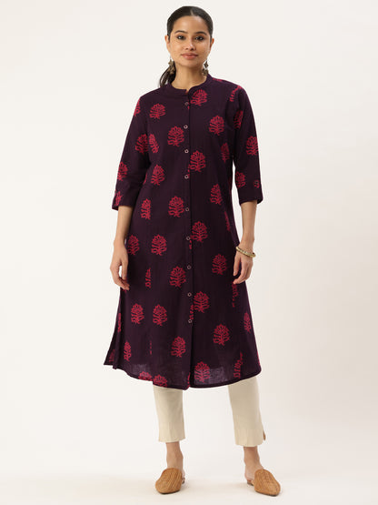 Wine Floral Printed Mandarin Collar Cotton Linen A-Line Kurta