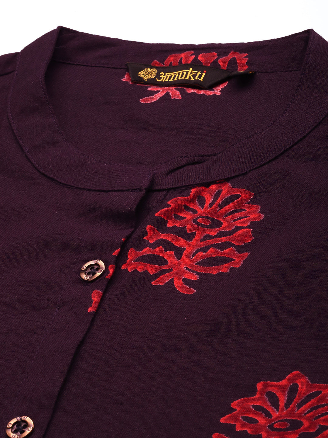 Wine Floral Printed Mandarin Collar Cotton Linen A-Line Kurta
