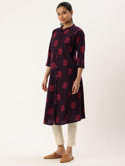 Wine Floral Printed Mandarin Collar Cotton Linen A-Line Kurta