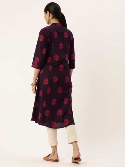 Wine Floral Printed Mandarin Collar Cotton Linen A-Line Kurta