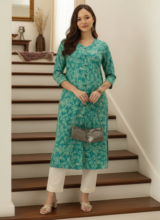 Blue Printed Kurta, Princess Cur Kurta, A-Line Kurta, Floral Print, Mandarin Collar kurta, printed kurta
