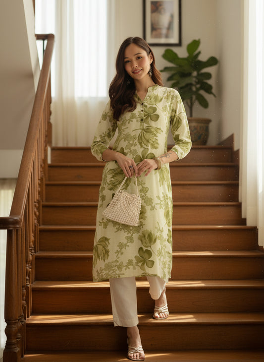 White Floral Printed Kurta, Floral Print, Mandarin Collar kurta, printed kurta, Straight Kurta
