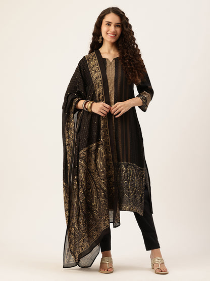 Black Ethnic Motifs Printed Regular Kurta with Trousers & With Dupatta