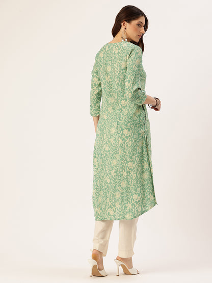 Teal Blue Floral Printed Kurta