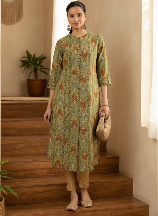 Green Floral Printed Kurta, kurta, kurtis, green kurta, princess cut kurta, printed kurta 