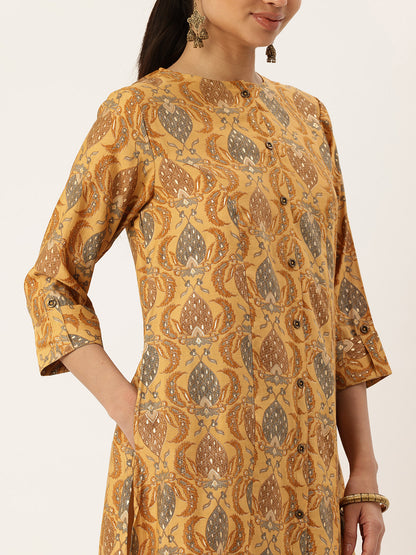Yellow Floral Printed Roll-Up Sleeves A-Line Kurta