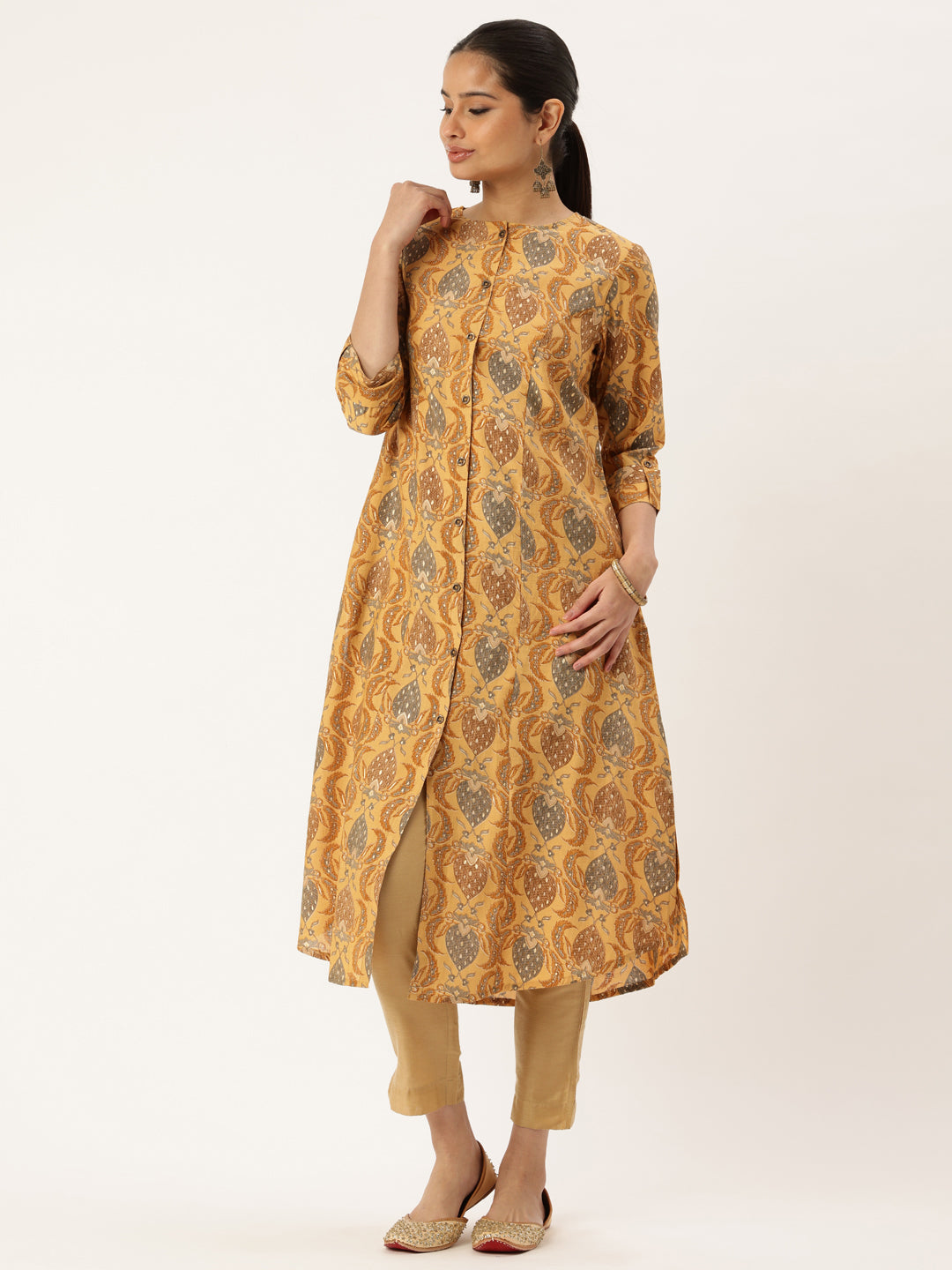Yellow Floral Printed Roll-Up Sleeves A-Line Kurta