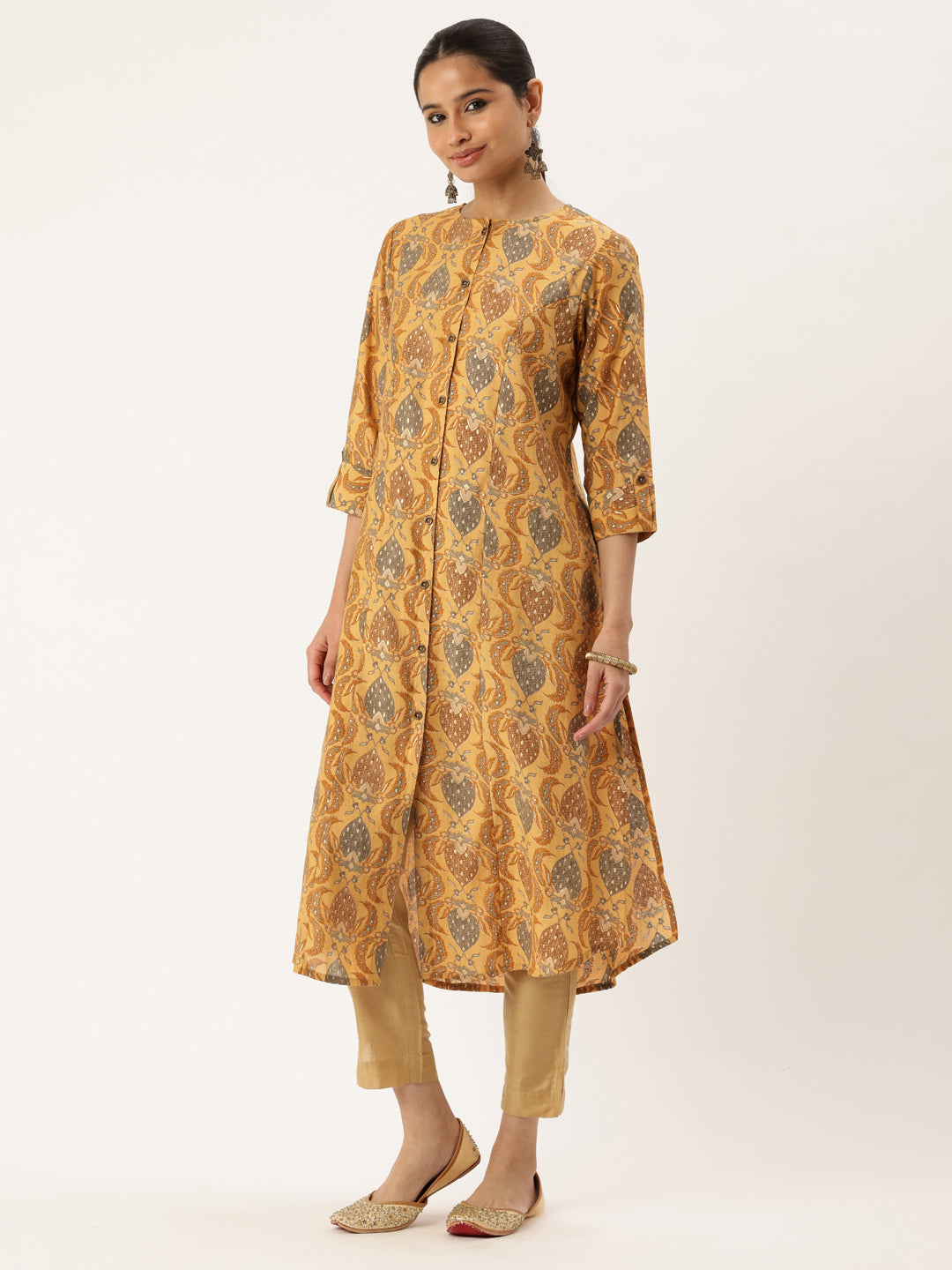 Yellow Floral Printed Roll-Up Sleeves A-Line Kurta