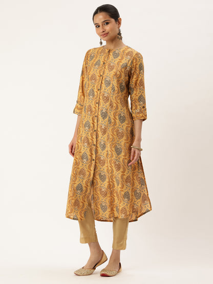 Yellow Floral Printed Roll-Up Sleeves A-Line Kurta