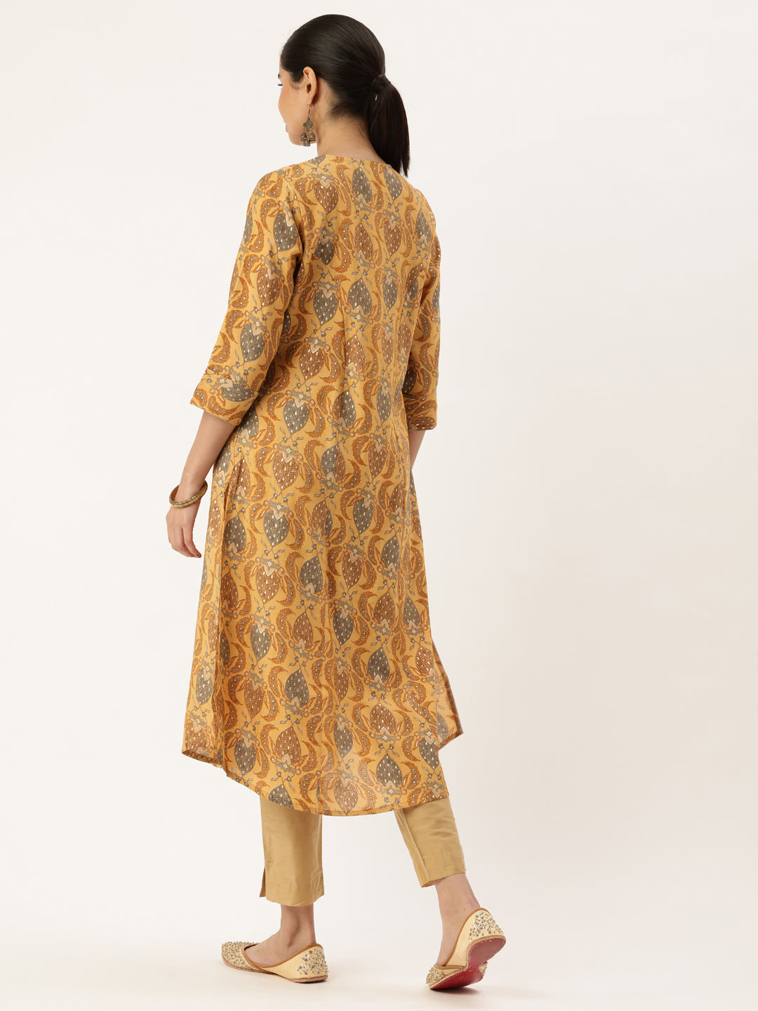 Yellow Floral Printed Roll-Up Sleeves A-Line Kurta