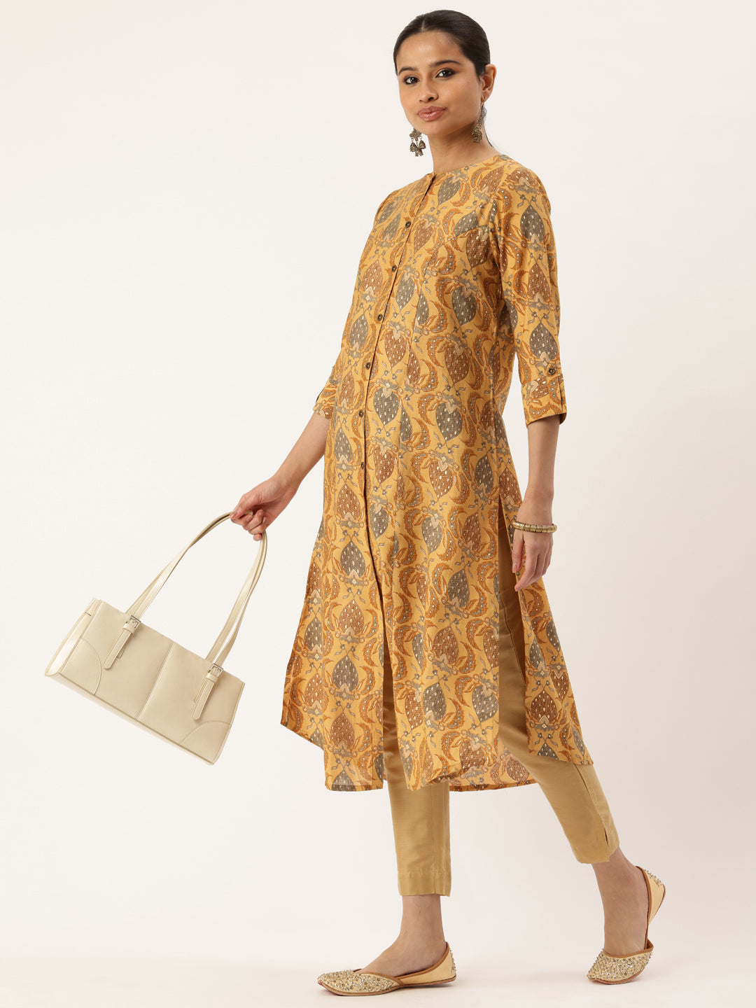 Yellow Floral Printed Roll-Up Sleeves A-Line Kurta