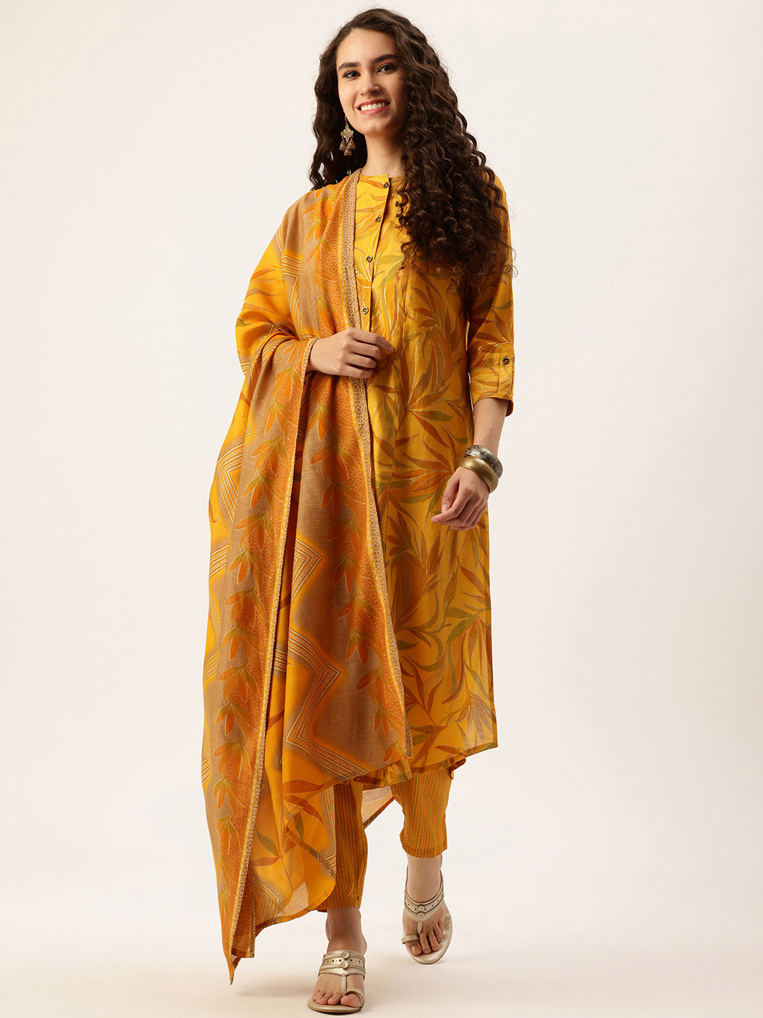 Yellow Floral Printed Regular Kurta with Trousers & With Dupatta