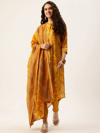 Yellow Floral Printed Regular Kurta with Trousers & With Dupatta