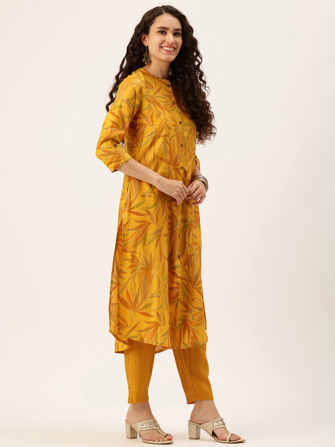Yellow Floral Printed Regular Kurta with Trousers & With Dupatta