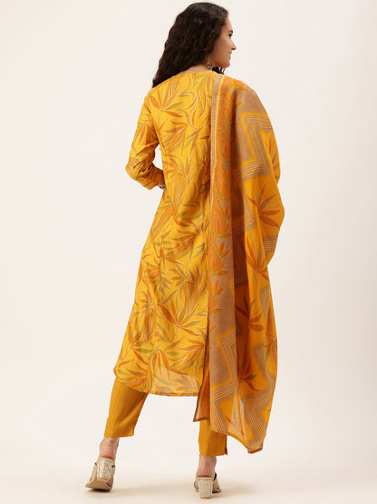 Yellow Floral Printed Regular Kurta with Trousers & With Dupatta