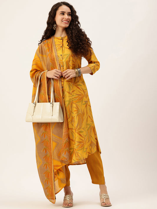 Yellow Floral Printed Regular Kurta with Trousers & With Dupatta