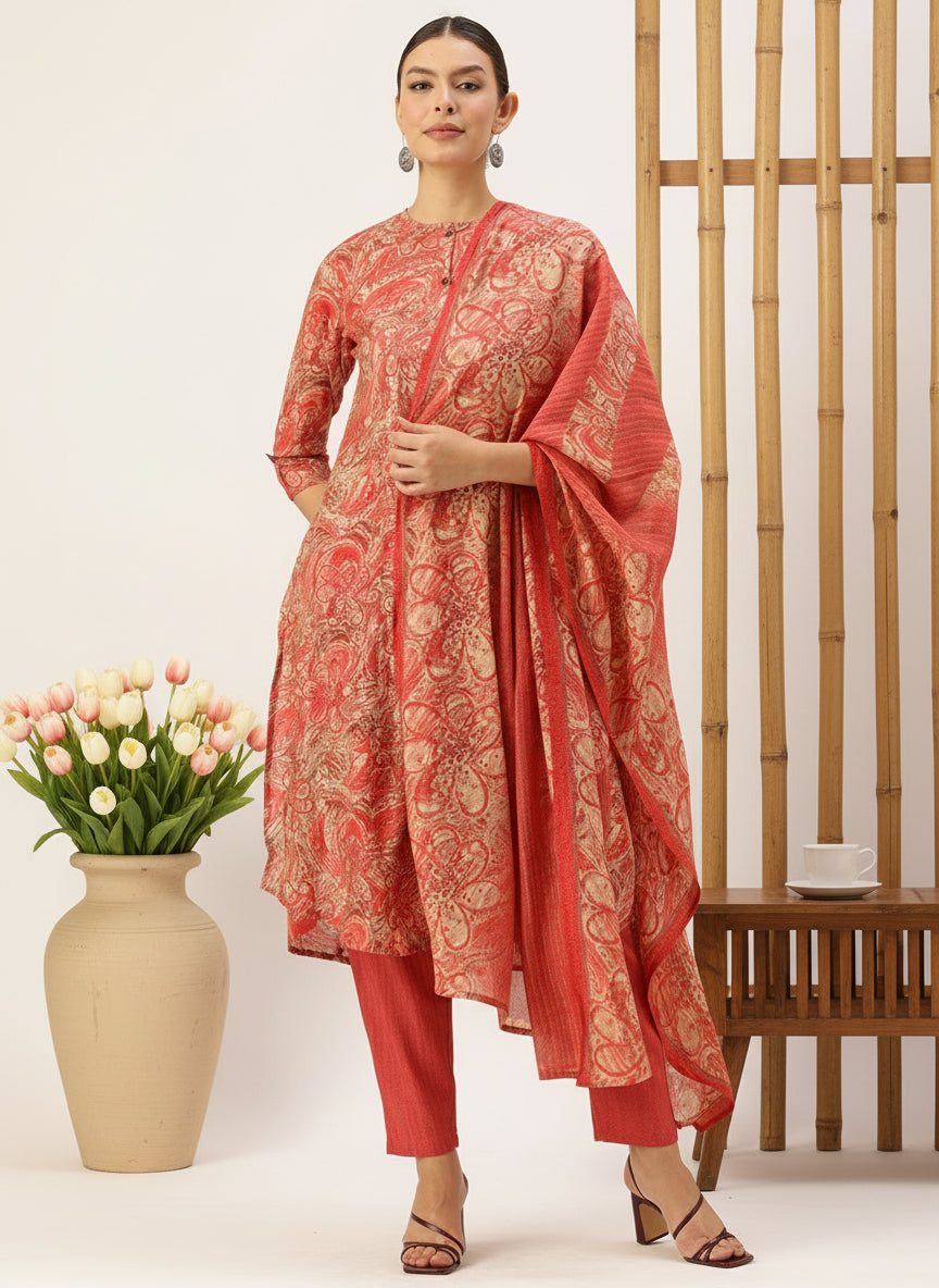 Pink Floral Printed Kurta with Trousers & With Dupatta, Kurta Dupatta Set, Pink Color Printed Kurta Dupatta Set, Pink Kurta Set, Festive Kurta Set, Traditional Wear