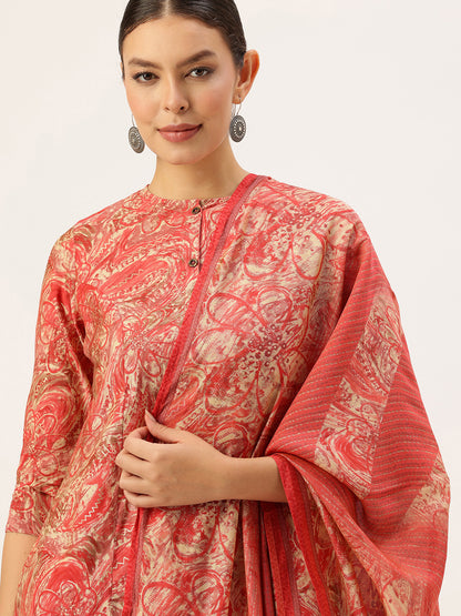 Pink Floral Printed Kurta with Trousers & With Dupatta, Kurta Dupatta Set, Pink Color Printed Kurta Dupatta Set, Pink Kurta Set, Festive Kurta Set, Traditional Wear