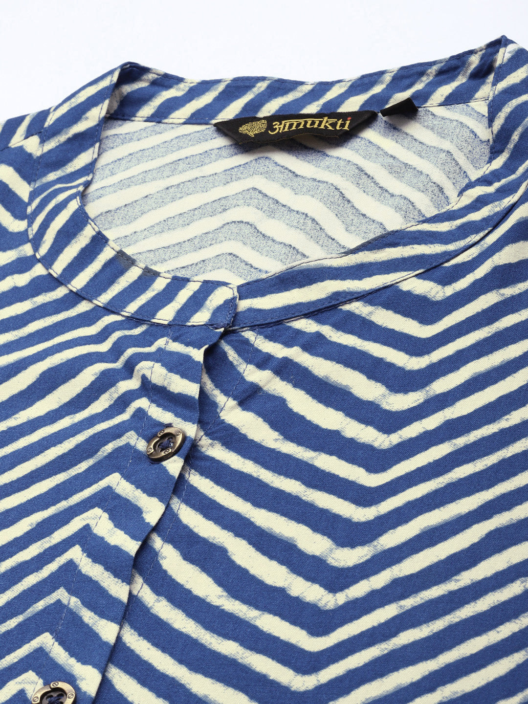 Blue Chevron Printed Mandarin Collar A-Line Kurta