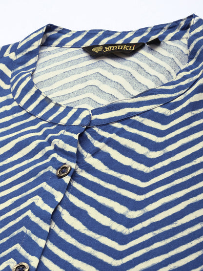 Blue Chevron Printed Mandarin Collar A-Line Kurta