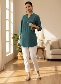 Green Geometric Printed Mandarin Collar Tunic, Short Kurta, Short Top