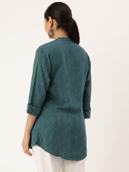 Green Geometric Printed Mandarin Collar Tunic, Short Kurta, Short Top