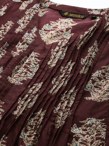 Maroon Pure Cotton Floral Printed A-Line Kurta