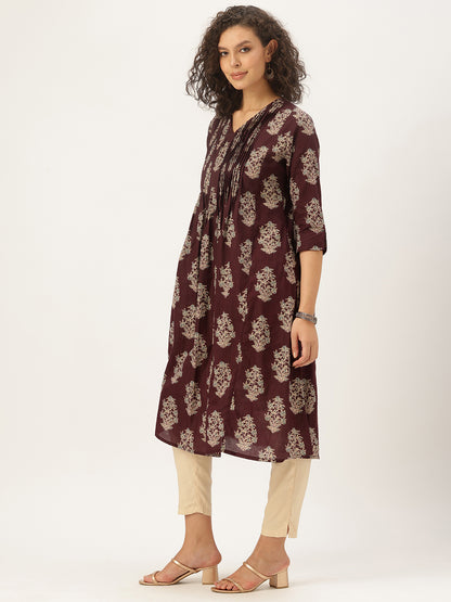 Maroon Pure Cotton Floral Printed A-Line Kurta