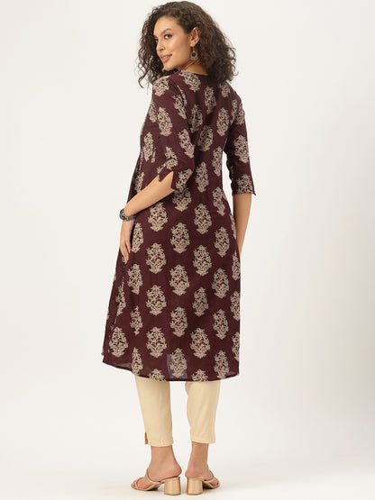 Maroon Pure Cotton Floral Printed A-Line Kurta