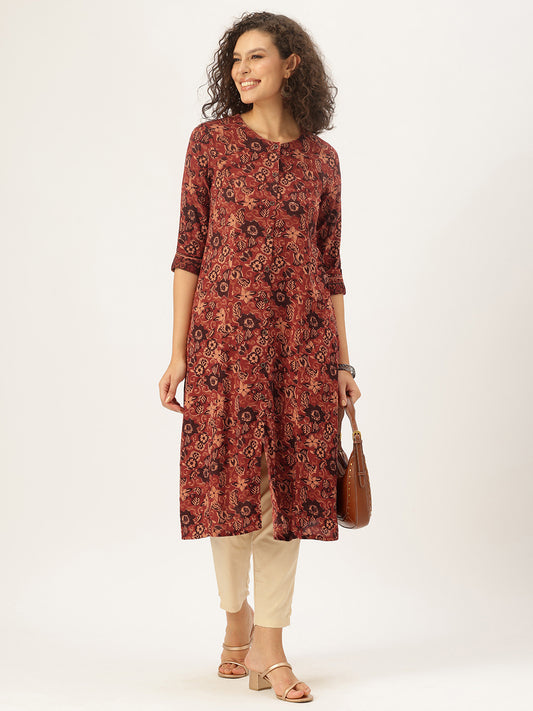 Orange Floral Printed A-Line Kurta