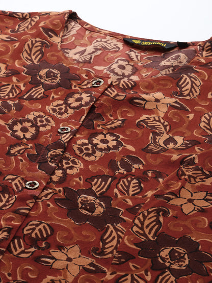 Orange Floral Printed A-Line Kurta