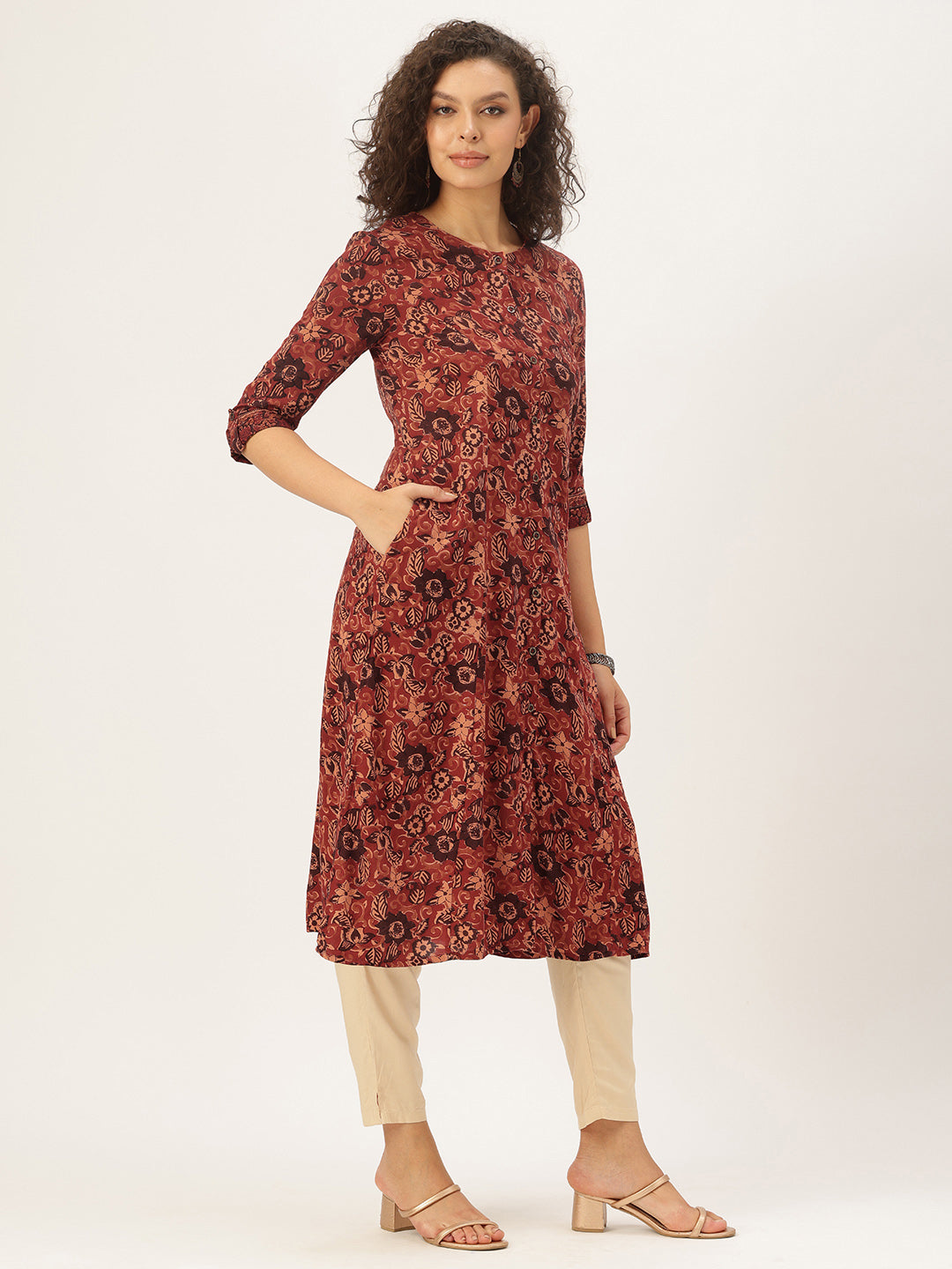 Orange Floral Printed A-Line Kurta