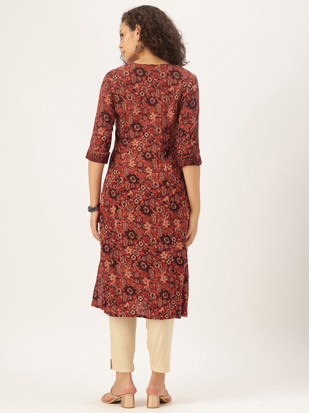 Orange Floral Printed A-Line Kurta