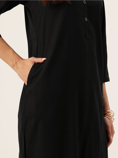 Black Solid Mandarin Collar Straight Kurta