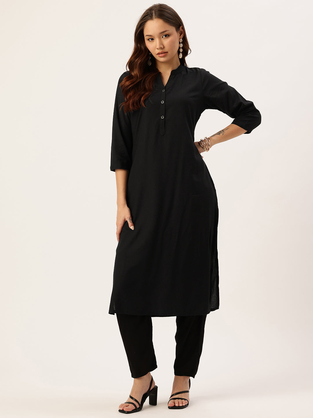 Black Solid Mandarin Collar Straight Kurta