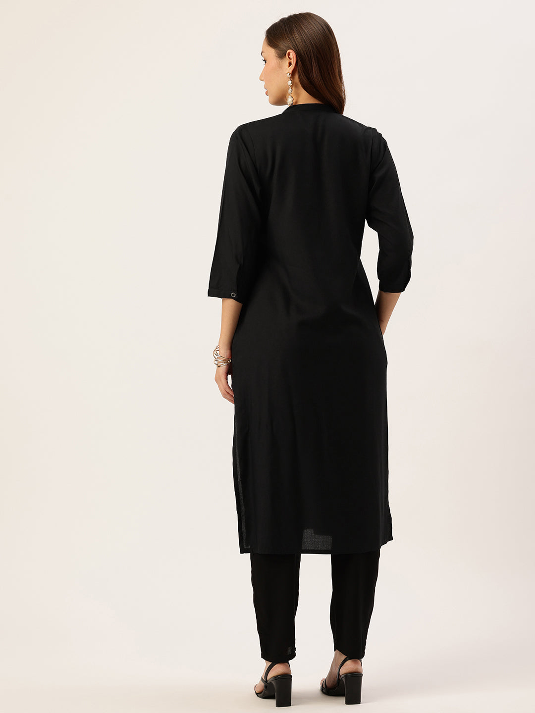 Black Solid Mandarin Collar Straight Kurta